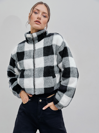 Fleece Stand Collar Gingham Pocket Jacket