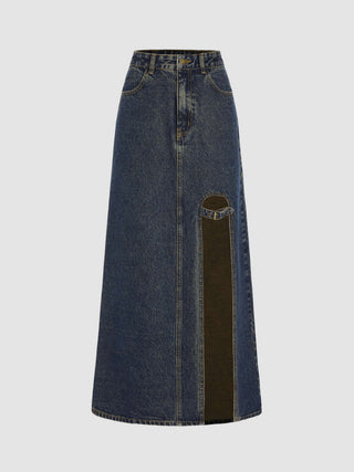 Denim High Waist Split Belted Button Maxi Skirt