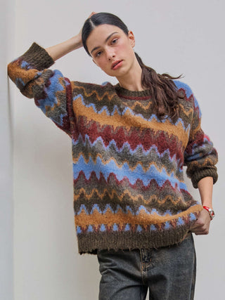 Wool-blend Round Neck Chevron Knitted Long Sleeve Top