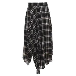 Woven Mid Rise Check Asymmetrical Hem Midi Skirt