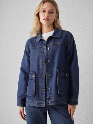 Collar Solid Button Denim Jacket