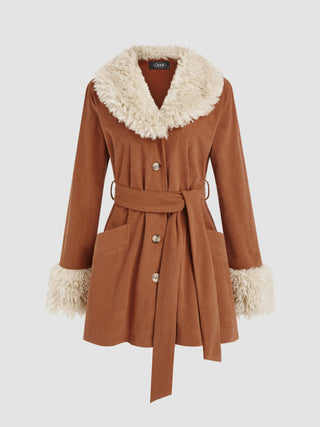 Faux fur Trim Corduroy Belted Jacket