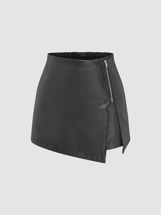 Faux Leather Middle Waist Solid Zipper Skort