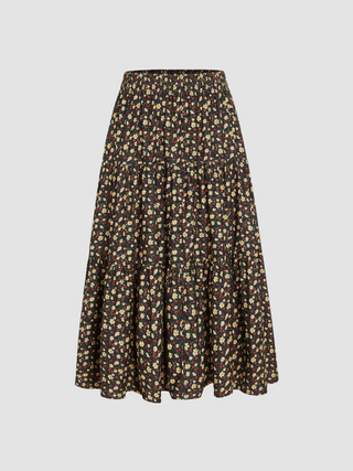 Corduroy Mid Waist Floral Maxi Skirt