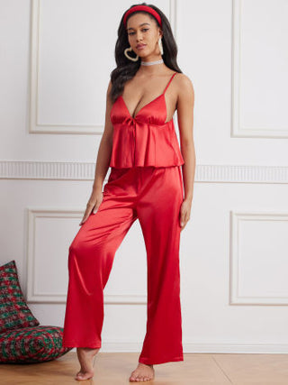 Satin V-neck Ruffle Pajama Top &  Straight Leg Trousers