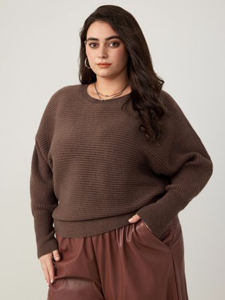 Round Neck Knitted Lantern Sleeve Top Curve & Plus