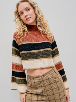 Knit Stand Neck Stripe Bell Sleeve Crop Top