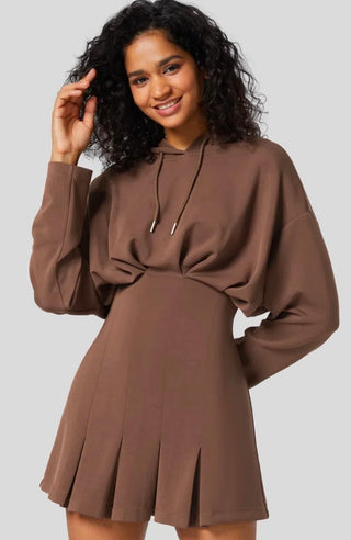 Hooded Drawstring Pleated Mini Dress