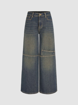 Denim Washed Low Rise Solid Zipper Wide Leg Jeans