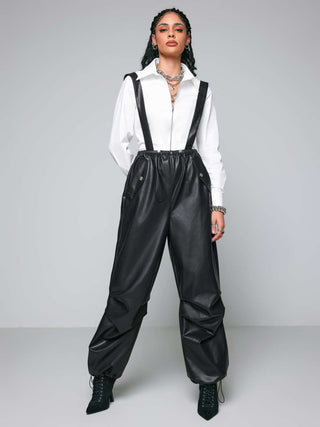 Faux Leather High Waist Drawstring Jumpsuit