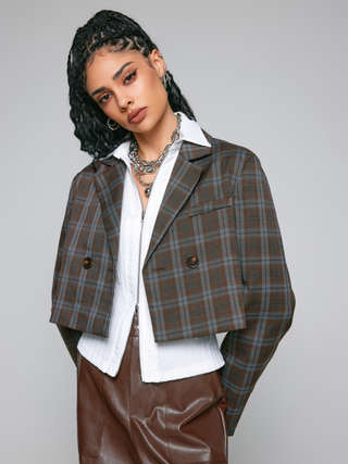 Collar Plaid Button Crop Blazer