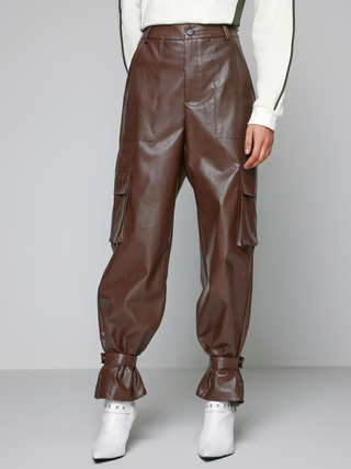 Faux Leather Mid Waist Zipper Wide Leg Cargo Trousers