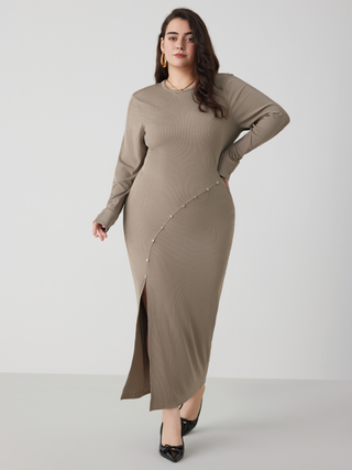 Rib Asymmetrical Split Button Maxi Dress Curve & Plus