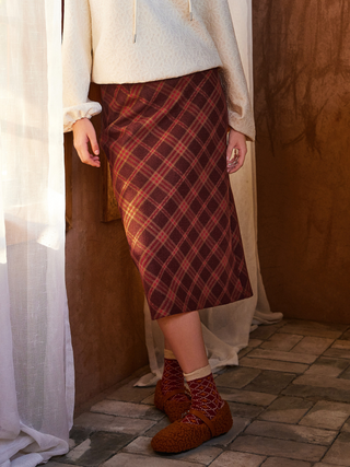 Wool-like Mid Waist Plaid Maxi Skirt