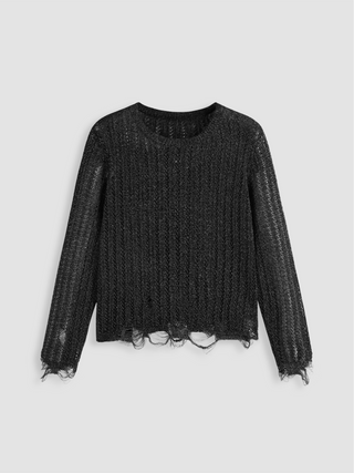 Knit Round Neck Hollow Out Ripped Long Sleeve Top Curve & Plus