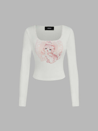 Lace Bowknot Cat Print Long Sleeve Tee