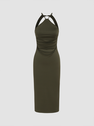 Halter Ruched Solid Midi Dress