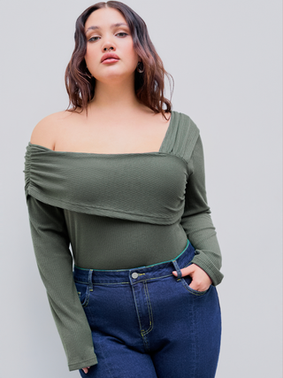 Asymmetrical Neck Solid Ruched Bodysuit Curve & Plus