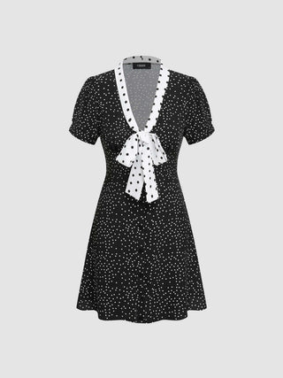 V-neck Spot Bowknot Mini Dress