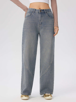 Denim Washed Mid Waist Button Wide Leg Jeans