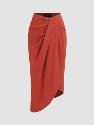 Woven Mid Rise Solid Ruched Maxi Skirt