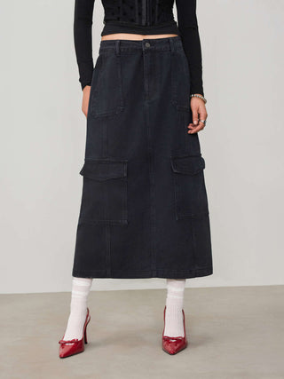 Denim Mid Rise Solid Pocket Cargo Maxi Skirt