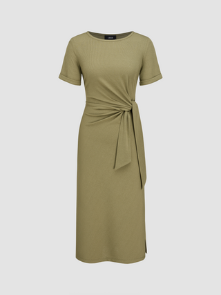 Collarless Solid Knotted Midi Dress