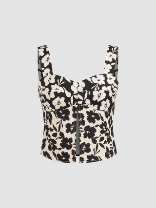 Square Neck Floral Split Crop Tank Top