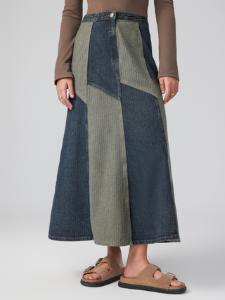 Denim Mid Rise Patchy Maxi Skirt