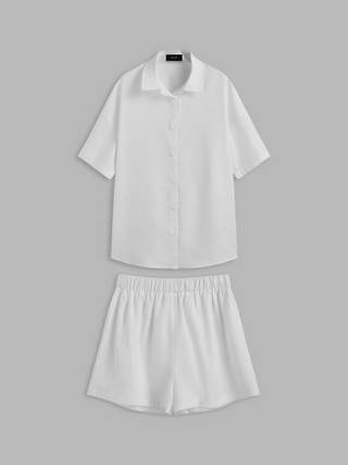 Collar Solid Short Sleeve Shirt & Mid Rise Wide Leg Shorts