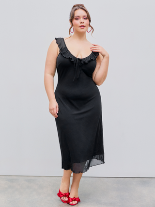 Mesh Knotted Ruffle Hem Midi Dress Curve & Plus