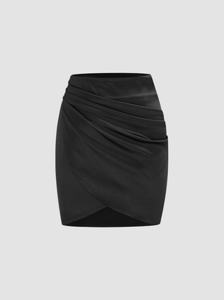 Satin Mid Rise Solid Ruched Wrap Mini Skirt