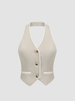 Woven Halter Pocket Solid Blazer Vest