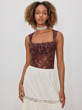 Square Neck Floral Lace Up Jersey Bodysuit