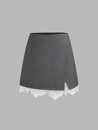 Woven Mid Rise Asymmetrical Lace Trim Mini Skirt