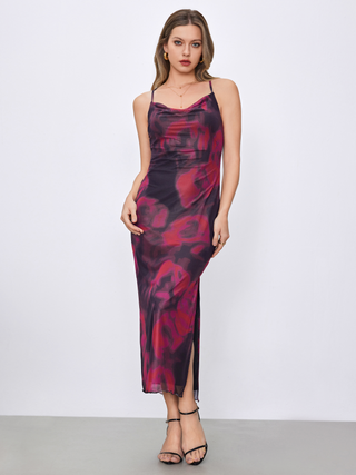 Mesh Cowl Neck All Over Print Split Maxi Dress