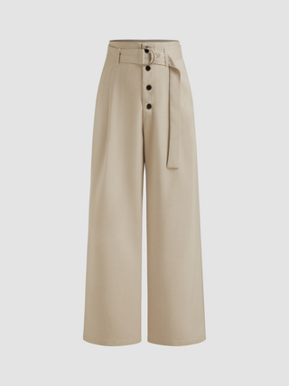 High Rise Belted Ruched Straight Leg Trousers