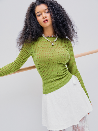 Knitted Round Neck Hollow Out Long Sleeve Top