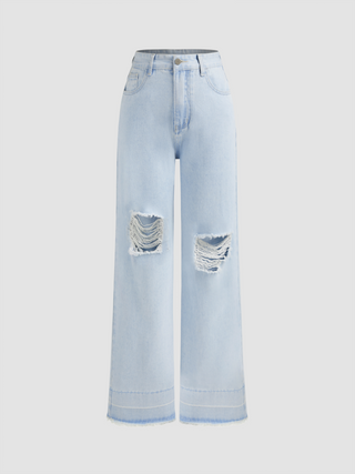 Denim Mid Rise Ripped Wide Leg Jeans