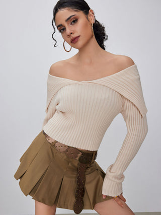 Off-shoulder Knitted Long Sleeve Crop Top