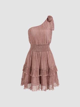 Metallic Asymmetrical Neck Tiered Ruffle Hem Mini Dress