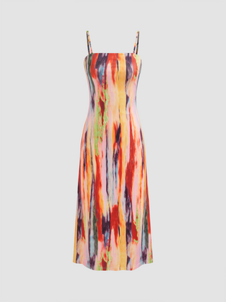 Woven Square Neck Abstract Midi Dress