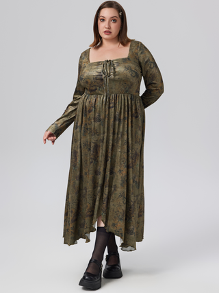 Velvet Square Neck Floral Drawstring Midi Dress Curve & Plus