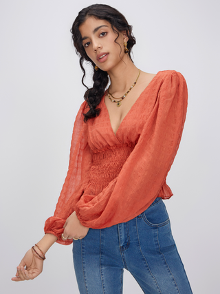 Chiffon V-neck Solid Ruffle Hem Long Sleeve Blouse