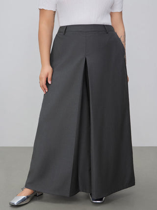 Mid Waist Solid Pocket Zipper Wide Leg Trousers Curve & Plus