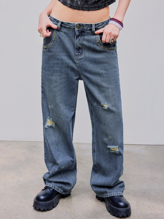 Denim Mid Rise Ripped Pocket Straight Leg Trousers