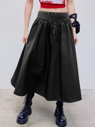 Mid Rise Rivet Ruffle Hem Midi Skirt