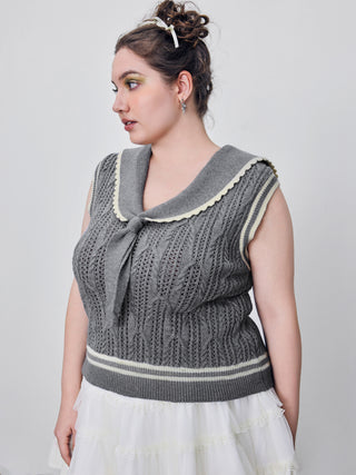 Sailor Collar Contrasting Binding Knotted Knitted Vest Curve & Plus