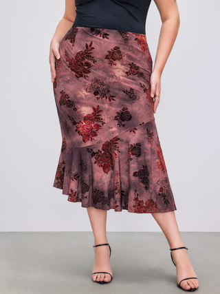 Middle Waist Floral Ruffle Mermaid Midi Skirt Curve & Plus