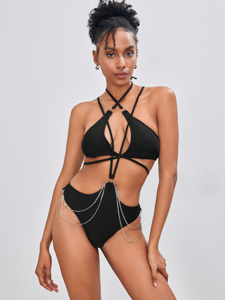 Halter Solid Criss Cross Rhinestone Chain Linked Cheeky Bikini Swimsuit